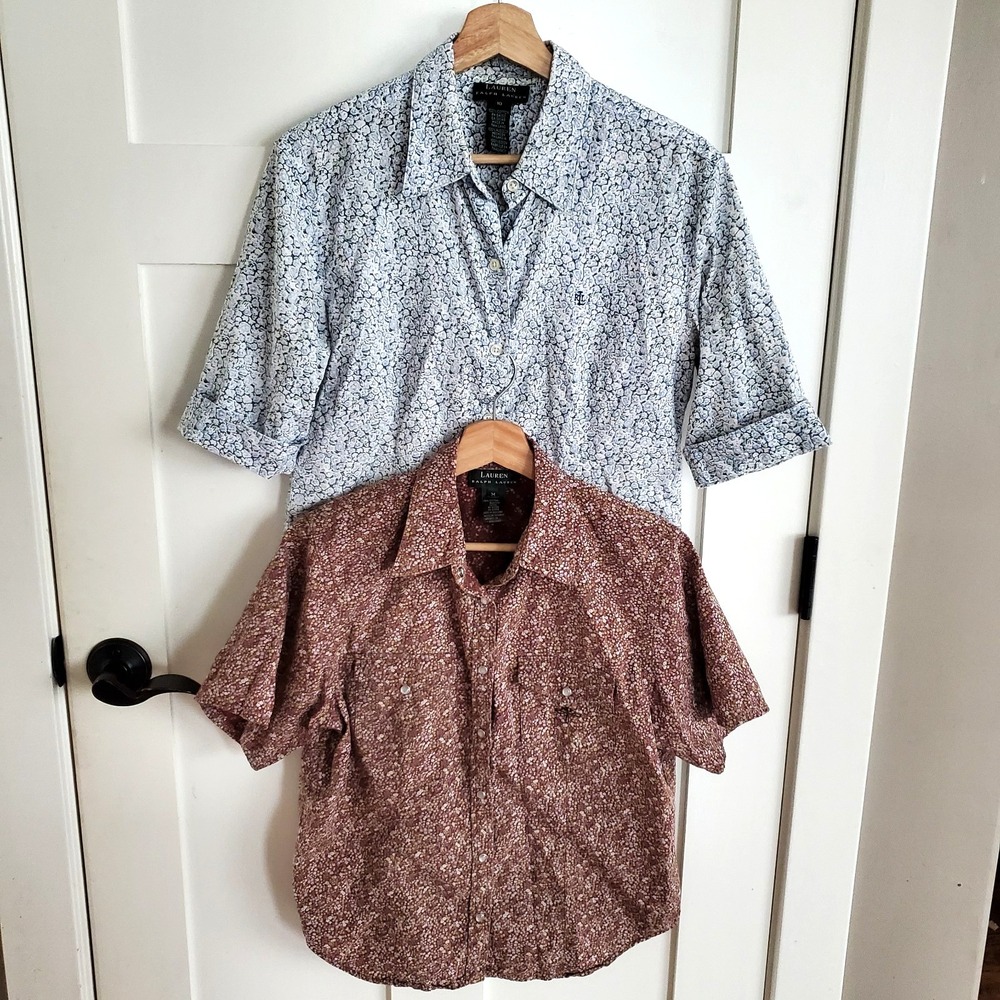 Lauren Ralph Lauren Lot Of 2 Womens 10 M Cotton Ditsy Floral Button SnapUp Brown